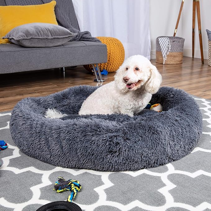 Best Choice Products 36in Dog Bed Self-Warming Plush Shag Fur Donut Calming Pet Bed Cuddler w/Water-Resistant Lining, Raised Rim - Gray