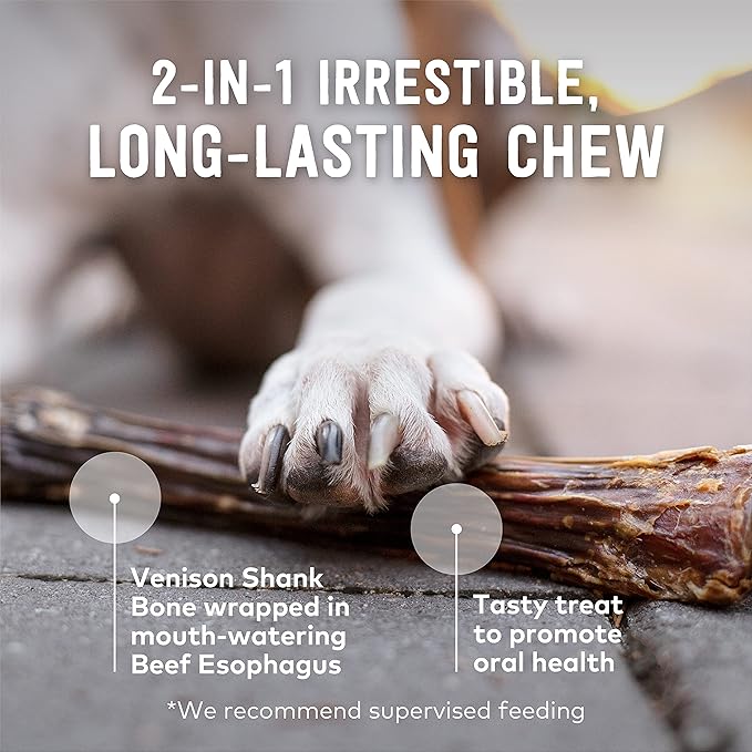 ZIWI Venison Deer Full Shank – 2-in-1 Dog Bone Chew Treat Wrapped in Beef Esophagus - All Natural, Air-Dried
