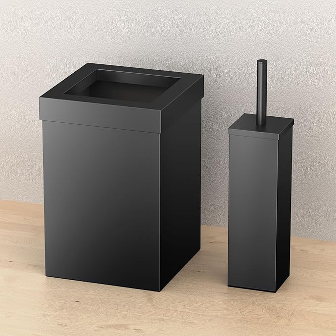 Gatco Small Bathroom Trash Can with Lid and Toilet Brush Set, Square 3 Gallon Stainless Steel Wastebasket, Under Sink, Matte Black, for Bathroom, Bedroom, Office (2972)