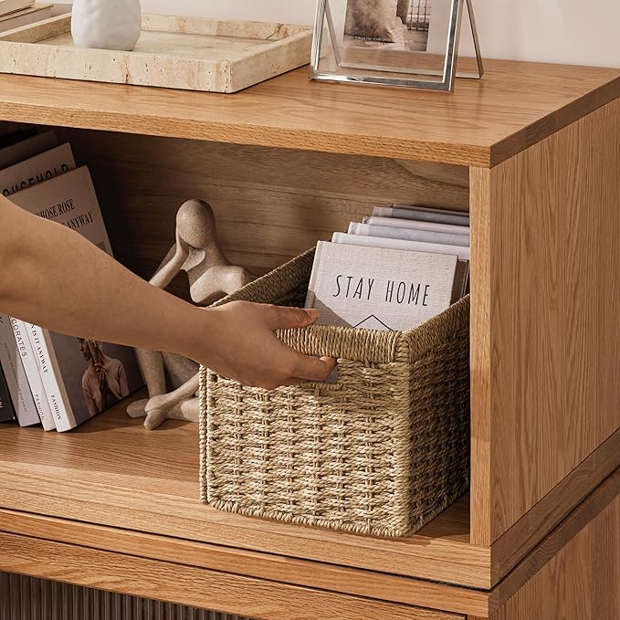 joybest Shelf Storage Wicker Baskets, 4-Pack Woven Paper Rope Baskets for Organizing, Foldable Rectangular Bin with Handles for Pantry, 13.4L x 8.3W x 7.1H Inch, Natural