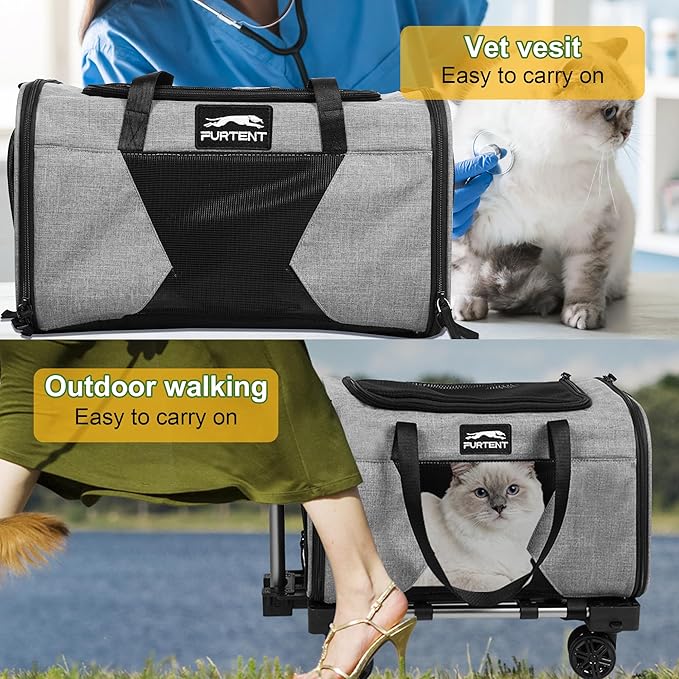 Cat Carrier with Wheels – Airline Approved Pet Travel Backpack, Soft-Sided Collapsible Rolling Carrier for Cats and Small Dogs, Expandable Top Loading Ventilated Design, Grey
