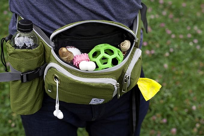 Dog Treat Pouch with Poop Bag Holder, Water-Resistant Fanny Pack with Collapsible Bowl & Bottle Holder – Olive Green Waist Bag for Training, Hiking, Walking – Fits All Phones, Large Size
