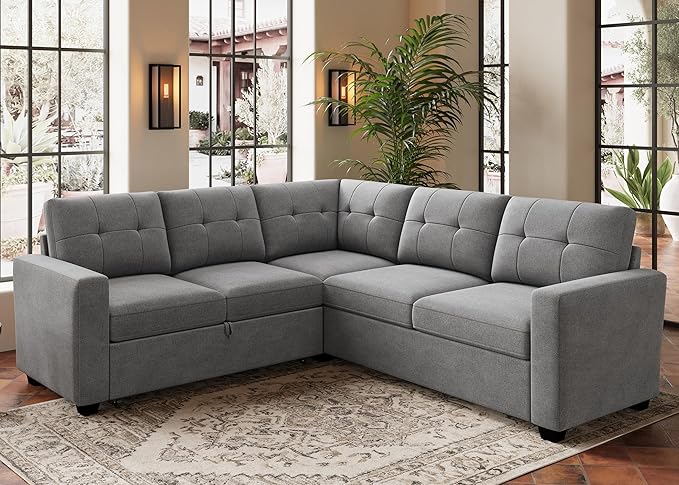 HONBAY 83.4 Inch U-Shaped Sectional Sleeper Sofa with Pull-Out Bed, 5-Seater Sectional Sofa for Living Room, Pet-Resistant Fabric Couch, Grey
