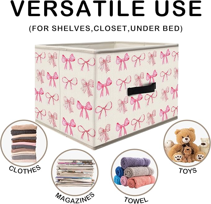 Nogrit Coquette Pink Bow Storage Bins Box, Toybox for Girls, Preppy Pink Foldable Baskets Organizer Container with Handles for Girls Bedroom Dorm Bathroom Clothes Toys Books