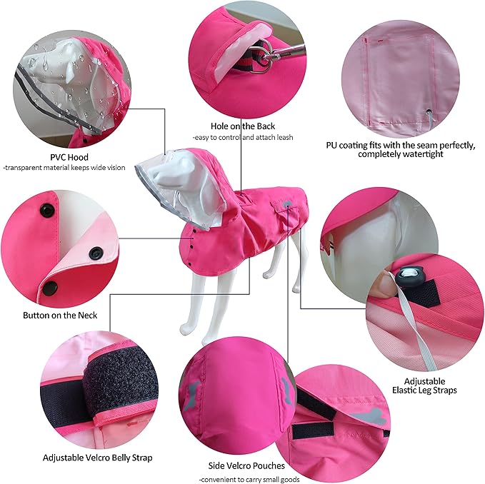 Waterproof Dog Raincoat, Adjustable Reflective Lightweight Pet Rain Clothes with Poncho Hood (Medium, Dark Pink)