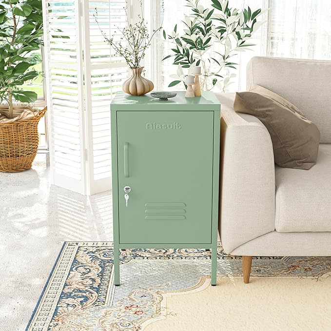 Single Door Lockable Metal End Table, 2-Tier Storage Cabinet with Adjustable Shelf, Easy Assembly Side Table for Living Room Bedroom Home Office, Green 28" H x 13.8" W x 15" D