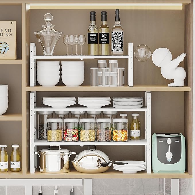 Expandable Shelf for Cabinet Organizer Adjustable Stackable Spice Rack at Kitchen and Bathroom More, Counter Countertop Cupboard Organization Pantry Storage(3 Packs/White, Large)