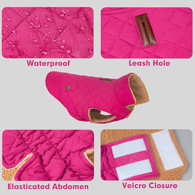 azuza Dog Jacket for Large Dogs Waterproof & Windproof Dog Coat for Small Dogs with Thick Fleece, High Collar with Leash Hole, Adjustable Velcro & Elastic Belly, Rose Red 3XL