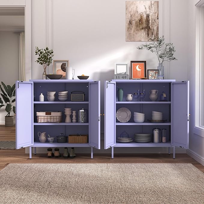 2-Door Lockable Metal Storage Cabinet, Square Stamped Steel Door with 2 Adjustable Shelves, Multifunctional Organizer for Home Office School, Purple 36" H X 31.5" W X 13.8" D