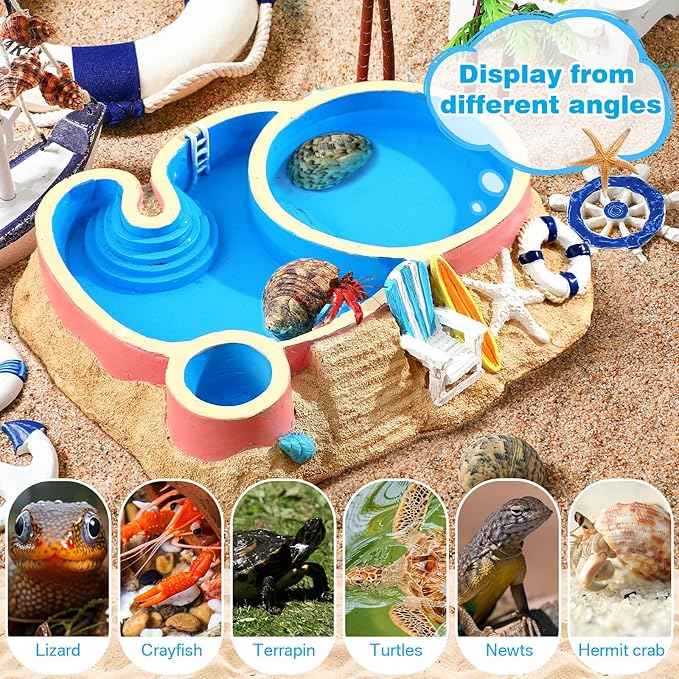 Gerrii Hermit Crab Water Bowl with Climbing Ramp, 2 Compartments Resin Hermit Crab Water Bathing Pool Accessories Food Dish Seashell Reptile Climbing Habitat Platform for Lizard Frog Gecko