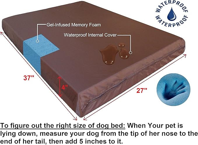 Dogbed4less Orthopedic Medium Large Dog Bed with Memory Foam for Pet, Waterproof Liner, Washable Microsuede Khaki Cover, 37X27X4 Inch