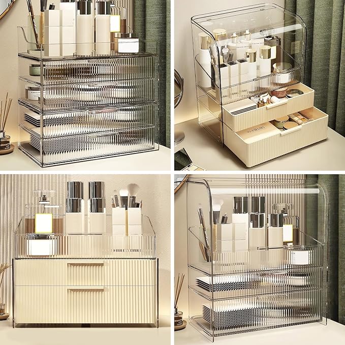 DASITON Cream Dustproof Four layers Storage Box,Makeup Brush Holder,Large Capacity Desktop Storage Box with Drawer,for Beauty Products,Perfume,Jewelry,Nail Polish
