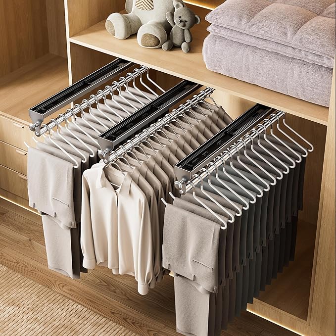 2 Pack Pull Out Closet Rod, 13.7inch Heavy Duty Pants Rack, Adjustable Clothes Hanger Rail, Space Aluminum Valet Rod, Top Mounted Wardrobe Clothes Organizer, Closet Storage for Trousers Coats Gray