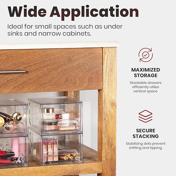 Oizeir Clear Stackable Storage Drawers - 2-Pack Acrylic Makeup Organizer Bins for Vanity, Bathroom, Countertop, Cabinet, or Kitchen - Perfect for Cosmetics, Office, and Small Item Organization