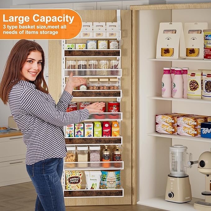 8 Tier Over the Door Pantry Organizer 2 IN 1 Hanging or Wall Mounted Spice Rack with Adjustable Basket,Heavy Duty Seasonning Storage Shelf for Kitchen Pantry and Bathroom