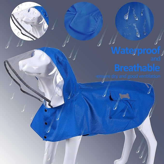 Waterproof Dog Raincoat, Adjustable Reflective Lightweight Pet Rain Clothes with Poncho Hood (Medium, Blue)