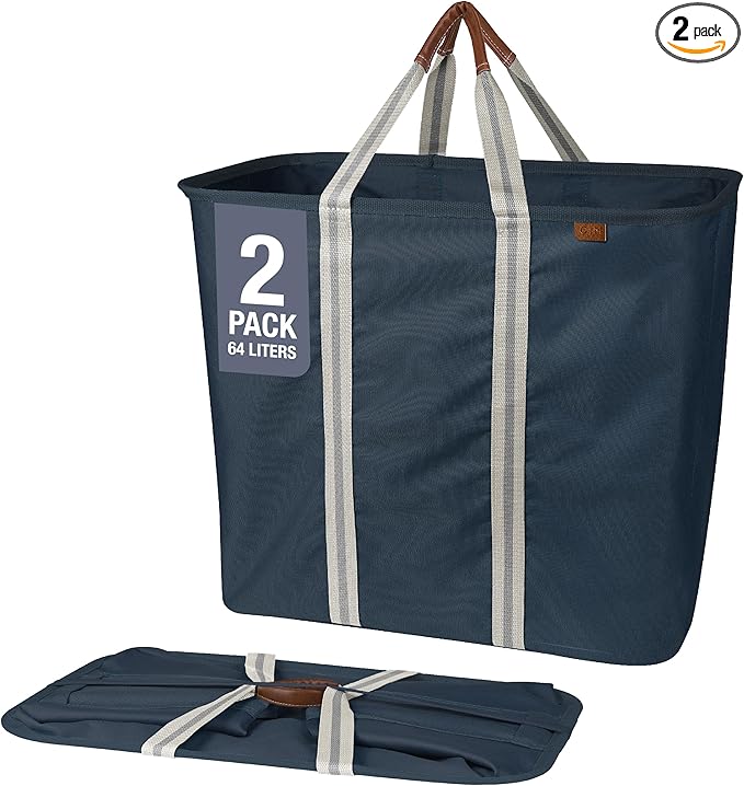 CleverMade Collapsible Laundry Basket Hamper - Navy Noir Cream 2-Pack 64L - Space Saving Storage Organizer with Handles Foldable Home Organization