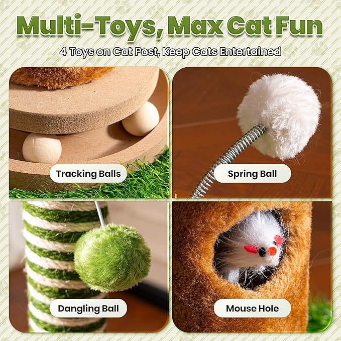 Cat Scratching Post 39'' Tall with Interactive Ball & Mouse Hole for Indoor Adult Cats, Sisal Rope Cat Tree Tower, Kitty Scratcher Furniture with Artificial Grass Tree for Kittens Cat Toys