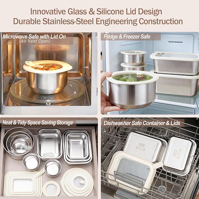 Urban Green Stainless Steel Food Containers with Glass Lid, Large Airtight Leakproof Stainless Steel Storage Containers in set of 2, Rectangle Shape, Microwave Safe, 100% Plastic Free