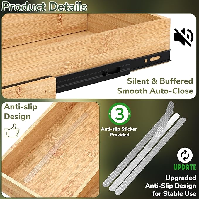 BAMEOS Expandable Pull-Out Cabinet Organizer – 14" to 20" Adjustable Width, Soft-Close Drawers for Kitchen, Pantry, Bathroom & Under Sink, 2-Pack Wooden Storage, 21" Depth, 66 lbs Capacity