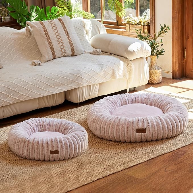 FUKUMARU Small Dog Bed, Gradient Color Donut Dog Beds for Anxious Puppies, 25 inches Calming Orthopedic Dog Beds, Round Pet Beds with Washable Cover, Cute Cat Bed for Indoor Cats, Pink