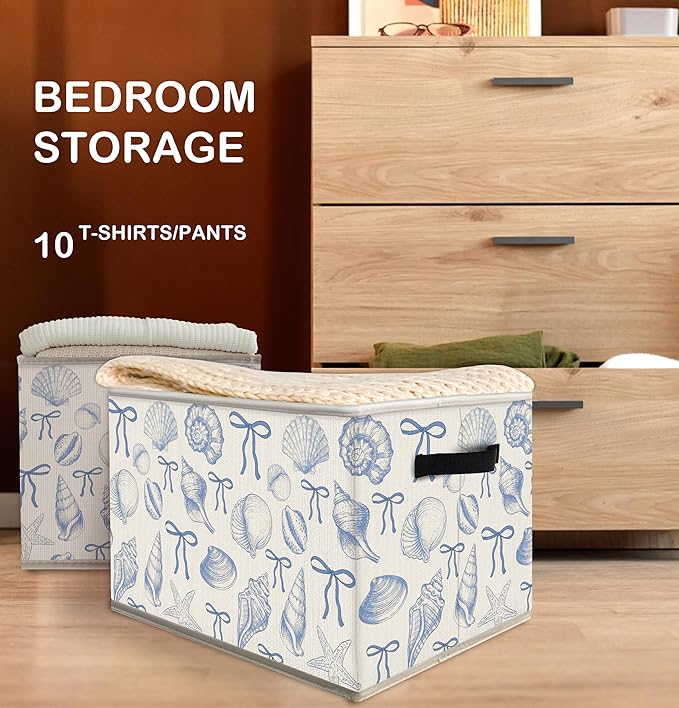 Nogrit Coquette Blue Bow Beach Storage Bins Box, Toybox for Girls, Preppy Coastal Seashell Foldable Baskets Organizer Container with Handles for Girls Bedroom Dorm Bathroom Clothes Toys Books