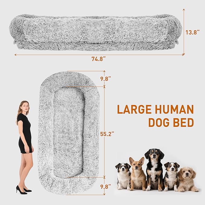 Human Dog Bed, 74.8''x47.2''x13.7'' Size Fits Adult and Pet Washable Giant People Dog Bed, Grey