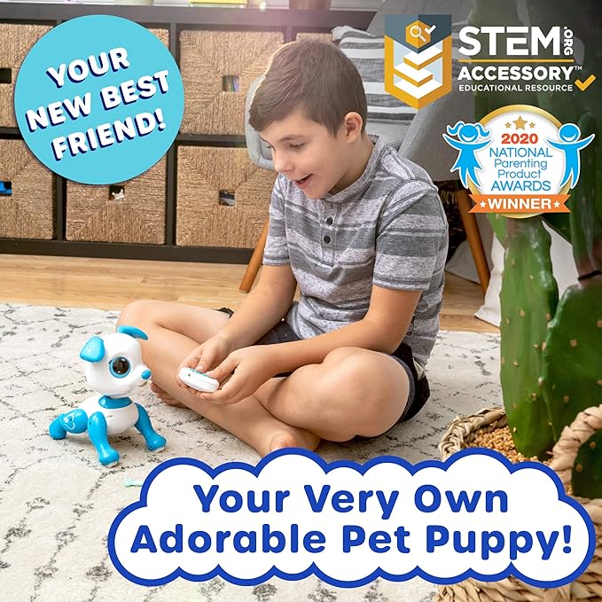 Robo Pets Robot Dog Toy for Girls and Boys - Remote Control Robot Toy Puppy with LEDs, Sound FX, Interactive Hand Motion Gestures, STEM Program Treats, Dancing and Walking RC Pet for Kids (Blue)