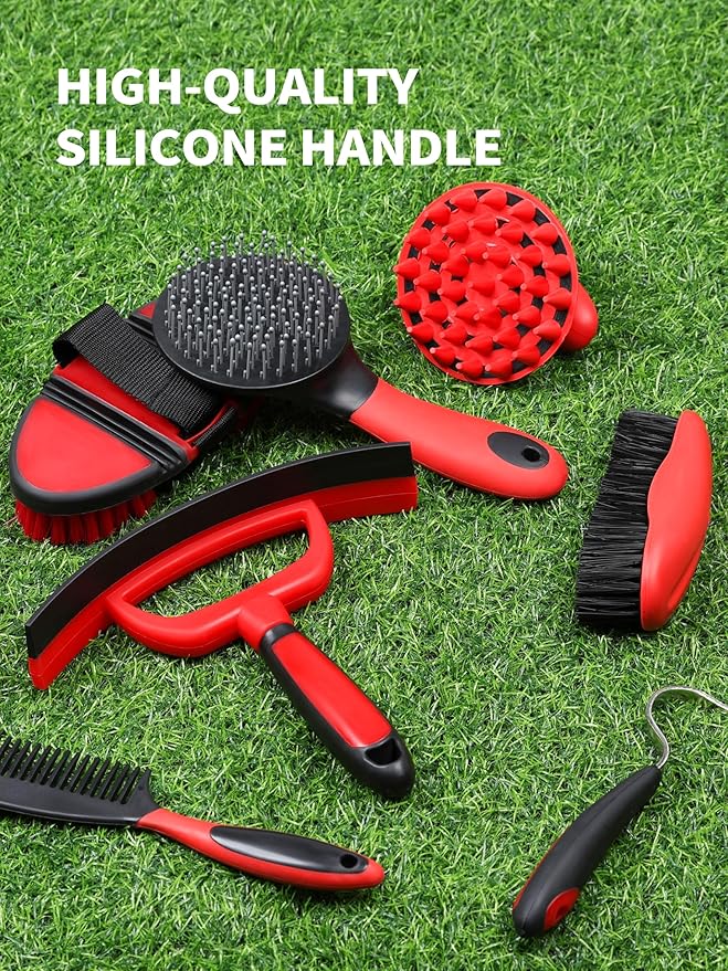 Harrison Howard Horse Grooming Kit, 9-Piece Set with Non-Slip Silicone Grip for Bathing, Shedding & Hoof Care Red