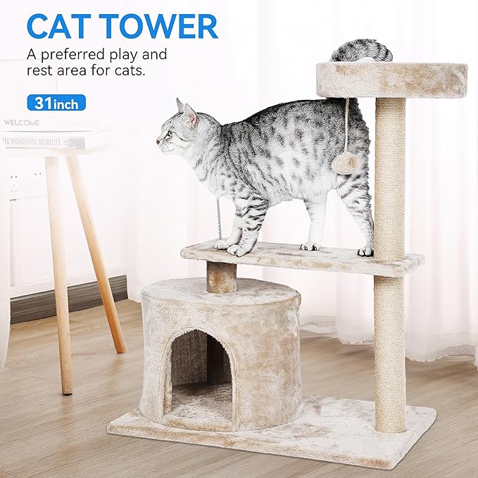 Simple Deluxe Cute Small Cat Tree for Indoor Cats, 31 Inch Plush Tower with Large Condo, Deep Hammock and Sisal Scratching Post for Kittens, Beige