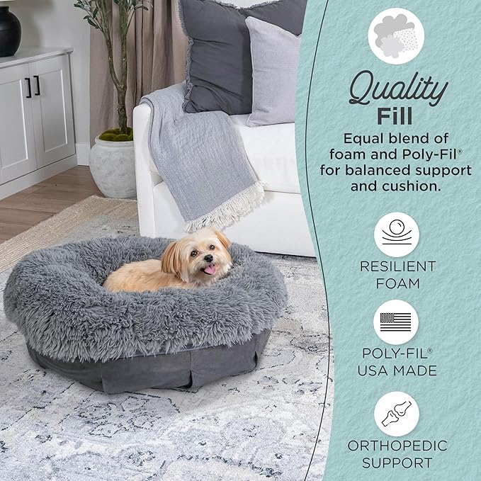 Best Friends by Sheri Ultra Calming Pouf Bed, Orthopedic Round Dog Bed for Joint Support, Faux Fur, Washable Cover, Gray, Small, 23"x23"