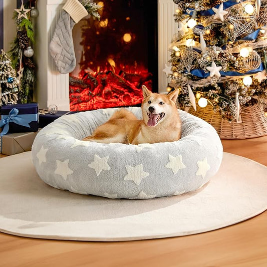 LE SURE Donut Large Dog Bed - Round Cat Beds for Indoor Cats Anti-Anxiety Calming Pet Beds, Washable Cute Modern Beds with Jacquard Shaggy Plush & Anti Slip Bottom, 36 Inch, Galaxy Grey