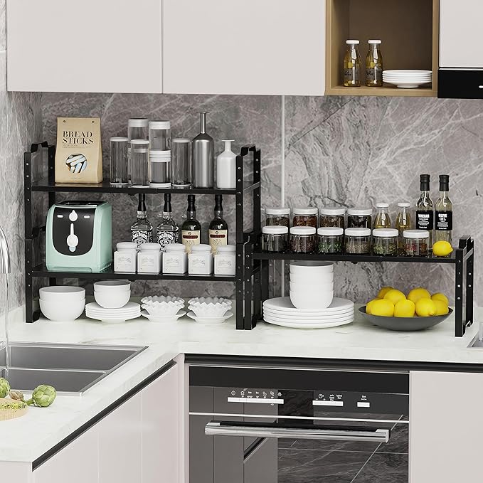 Expandable Shelf for Cabinet Organizer Adjustable Stackable Spice Rack at Kitchen and Bathroom More,Metal Plate with Hole (2 Packs/Black, Large)