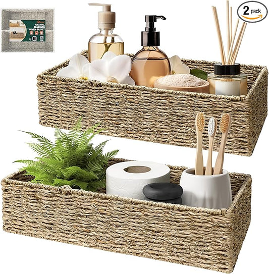 2-Pack Handwoven Seagrass Storage Baskets, Wicker Bins for Pantry Organization, Shelf or Closet Organizer, Decorative Boho Rectangular Basket 15.7" x 6.7"