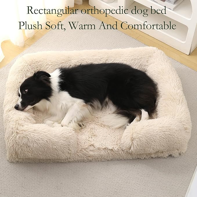 Orthopedic Dog Bed for XL Dogs - Washable Memory Foam Pet Sofa, Fluffy Plush Rectangular Bed, Waterproof Anti-Anxiety Couch, Light Gray, XL