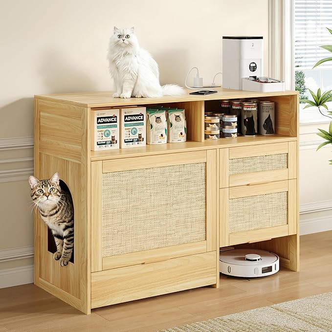 Cat Litter Box Furniture 42'' Hidden Enclosure with Litter Drawer, Litterbox Cabinet with Storage, Boho Rattan Style Indoor Cat House Washroom, Fits Most of Litter Boxes