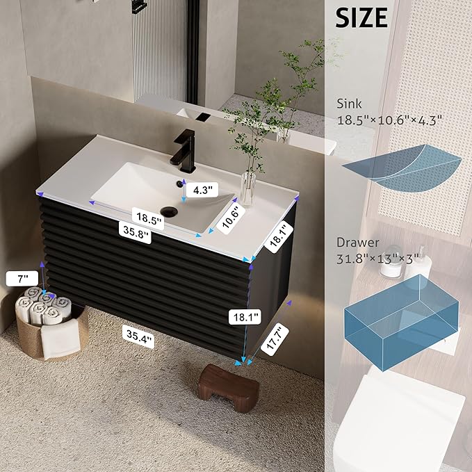 eclife 36" Floating Bathroom Vanity with Sink Combo Mid-Century Wall Mounted Cabinet with Wood Stripes Decor, Drawers, Undermount Sink, Faucet, Drain, Black