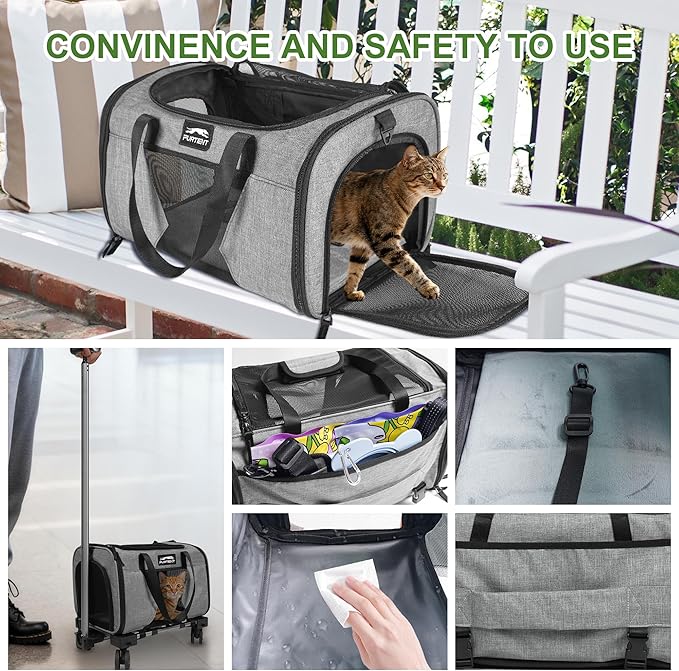 Cat Carrier with Wheels – Airline Approved Pet Travel Backpack, Soft-Sided Collapsible Rolling Carrier for Cats and Small Dogs, Expandable Top Loading Ventilated Design, Grey