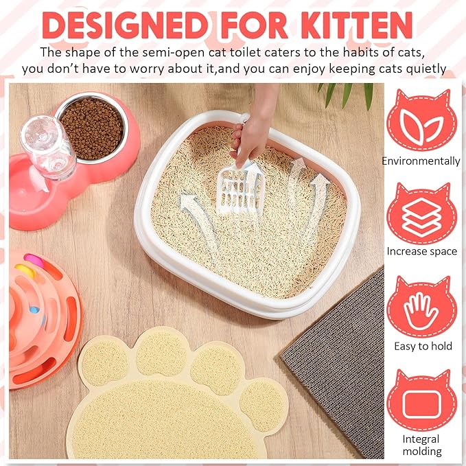 5 Pcs Small Cat Kitten Starter Kit Include Litter Box with Shovel Cat Paw Litter Mat Scratch Pad Automatic Bowls Turntable Toys Balls Essentials Kits for Kittens Life(Pink)