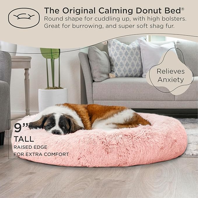 Best Friends by Sheri Original Calming Donut Dog and Cat Bed, Shag Faux Fur, Cotton Candy Pink, XL (45in x 45in) - Anxiety Relief for Pets Up to 150 lbs