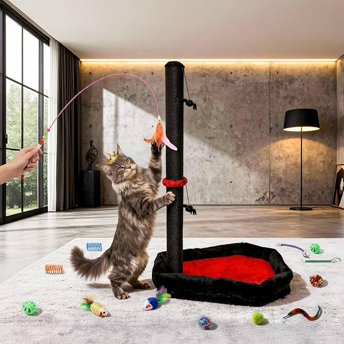 Gothic Cat Scratching Post with Bed, 40 Pcs Interactive Cat Toys, 34" Tall Cat Scratcher with Kitten Toys for Indoor Cats, Modern Sisal Post for Kittens & Adults