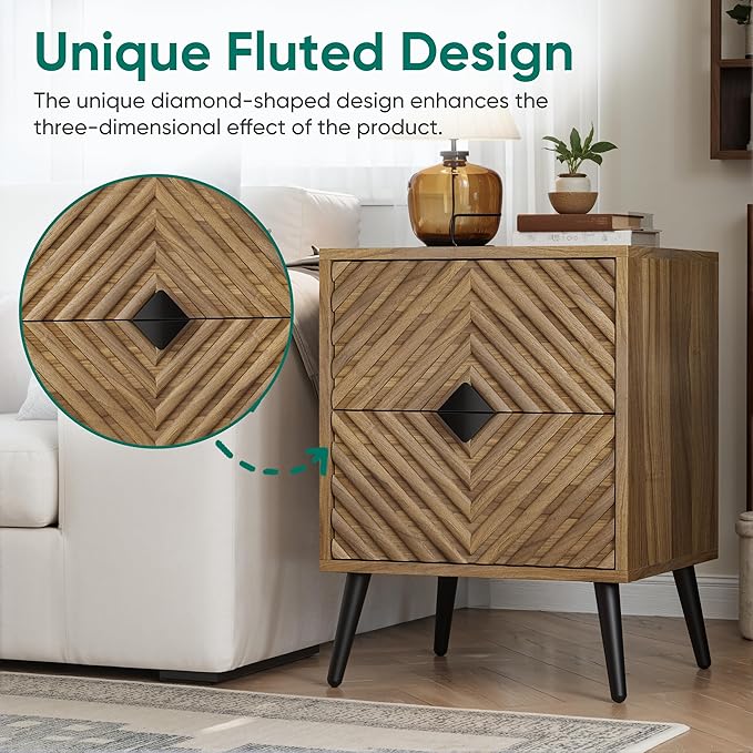 Smuxee Walnut Wooden Nightstand with 2 Drawers, Mid Century Night Stand with Fluted Diamond Doors, Bedside Table with Metal Feet, Modern End Side Table for Bedroom