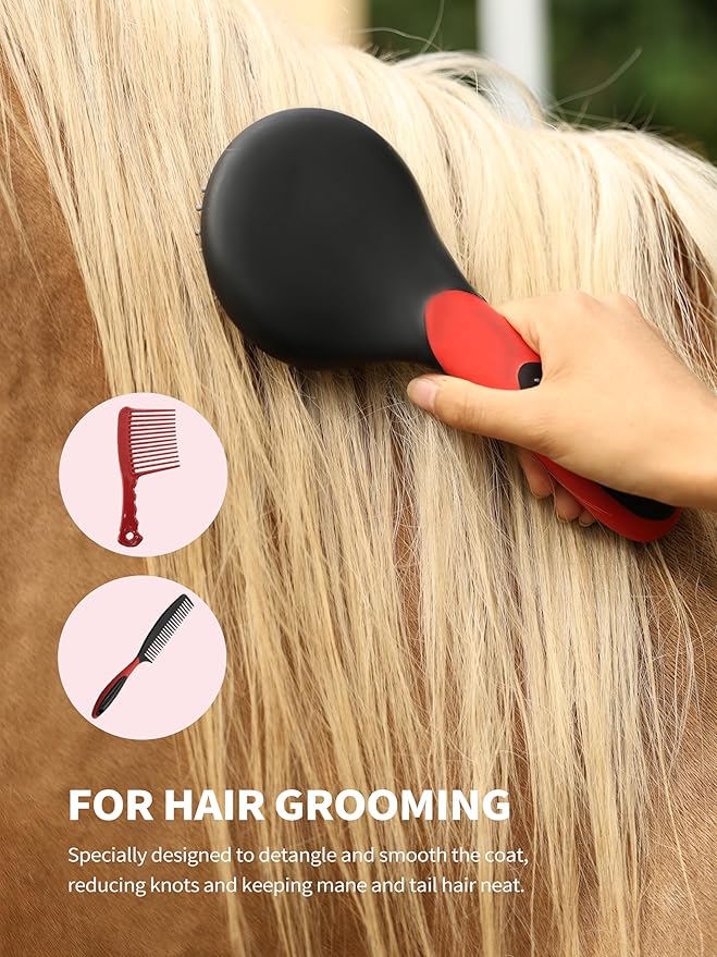 Harrison Howard Horse Grooming Kit, 9-Piece Set with Non-Slip Silicone Grip for Bathing, Shedding & Hoof Care Red
