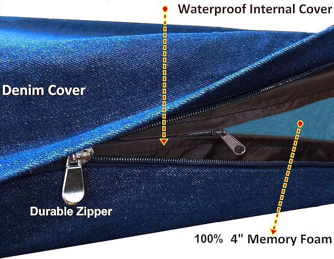 Dogbed4less Jumbo Orthopedic Memory Foam Dog Bed for Large Dogs with Durable Denim Cover, Waterproof Liner and Extra Pet Bed Case, 55X47X4 Inches