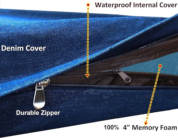 Dogbed4less Premium Orthopedic Memory Foam Dog Bed for Medium Large Dogs, Washable Durable Denim Cover, Waterproof and Extra External Pet Bed Case 37"X27"X4"
