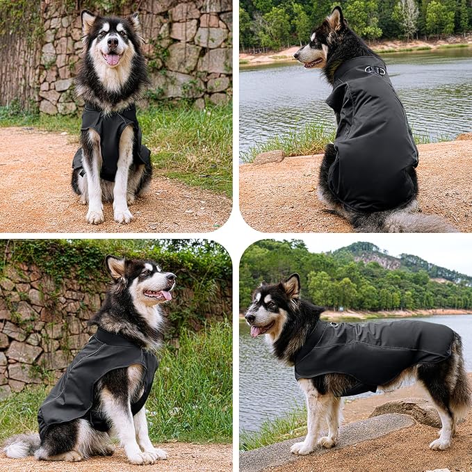 Outdoor Waterproof Dog Jacket for Extra Large Dogs,Doggie Coats with Harness Buitl in D-Ring Warm Fleece Dog Clothes for Cold Winter,Black 4XL