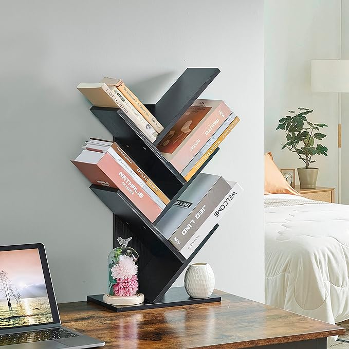 Hoctieon 4 Tier Tree Bookshelf, 4 Shelf Bookcase, Free Standing Tree Bookcase, Display Floor Standing Shelf for Books, Book Organizer Shelves for Home Office, Living Room, Bedroom, Black
