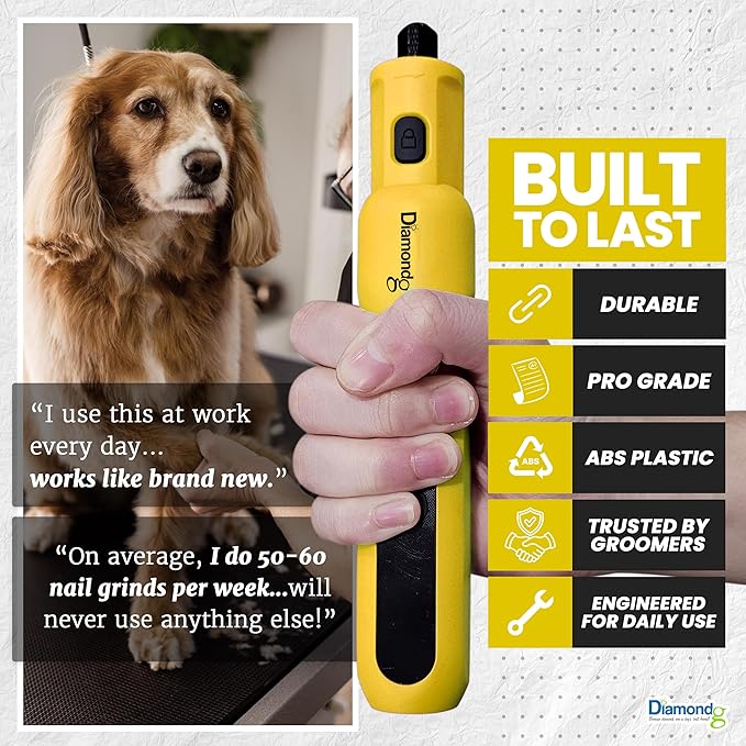Diamondg Cordless Micro Dog Nail Grinder with Quiet Sound & LED Tip for Large & Small Dogs, 4hrs. Runtime - Electric Dog Nail Trimmer, Heavy Duty Rotary Tool Alternative to Toenail Clippers & Filers