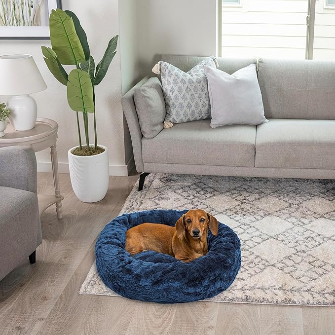 Best Friends by Sheri Original Calming Donut Dog and Cat Bed, Lux Faux Fur, Navy Blue, (23in x 23in) - Anxiety Relief for Pets Up to 25 lbs