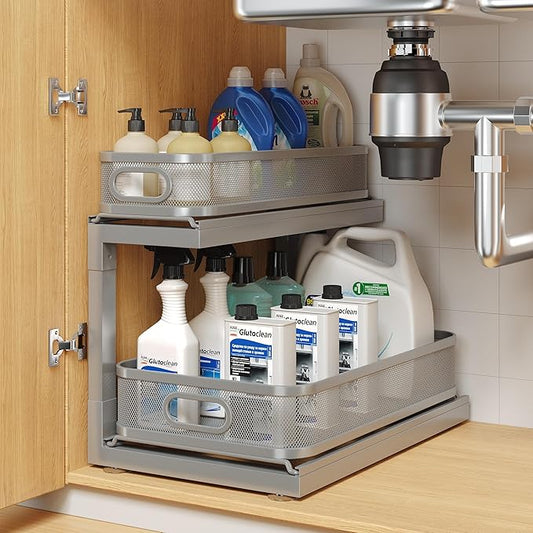1-Pack Under Sink Storage Organizer with 2-Tier Slide Out Drawer, Sophisticated Mesh Pull Out Shelf for Kitchen & Bathroom, Fits Small Items, Upgraded Arched Track for Smooth Gliding-Gun Gray